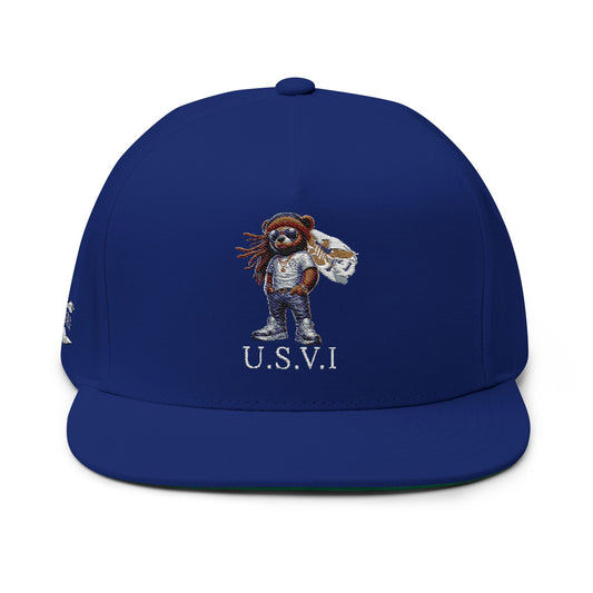 Embroidered Flat Bill Cap with VI Bear Design