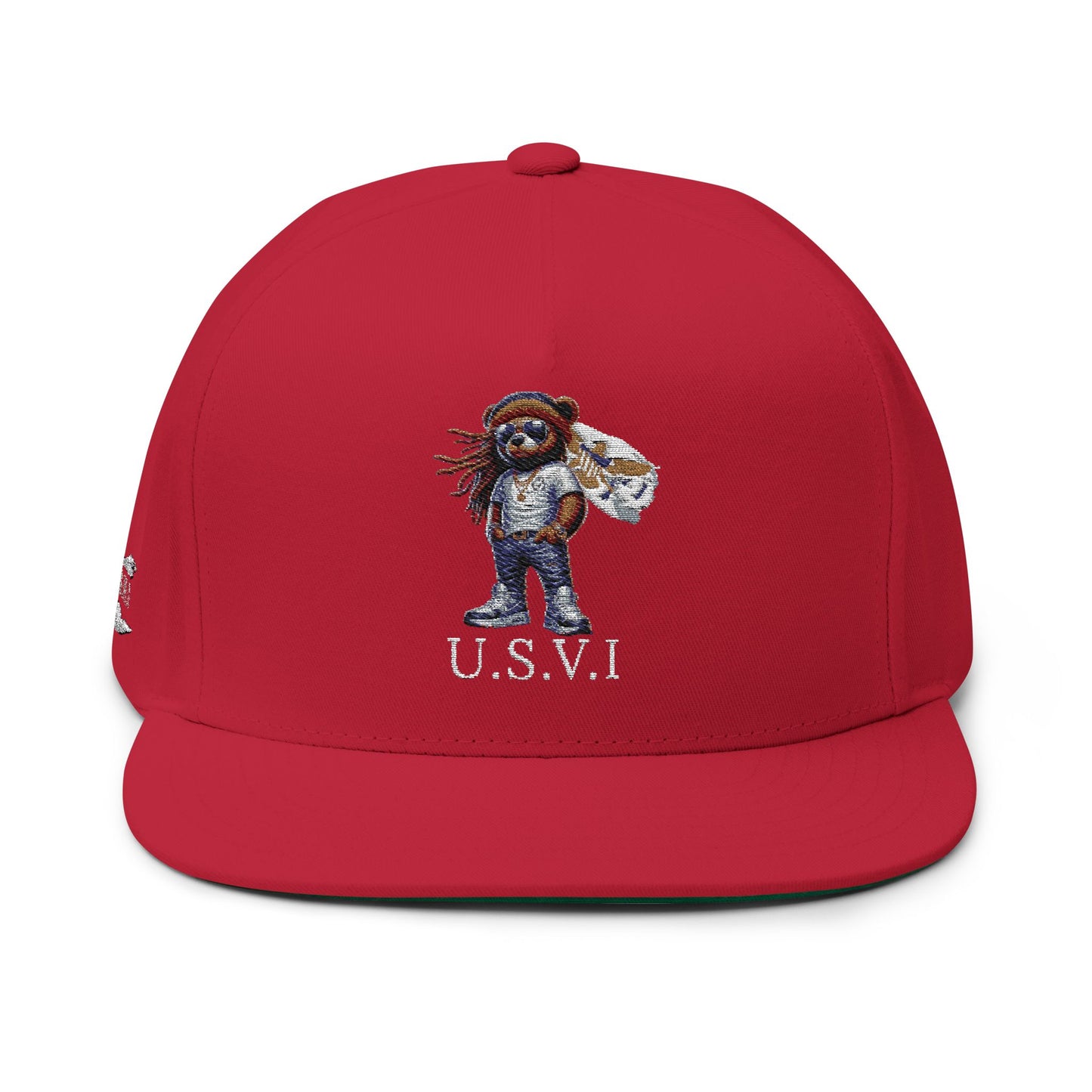Embroidered Flat Bill Cap with VI Bear Design
