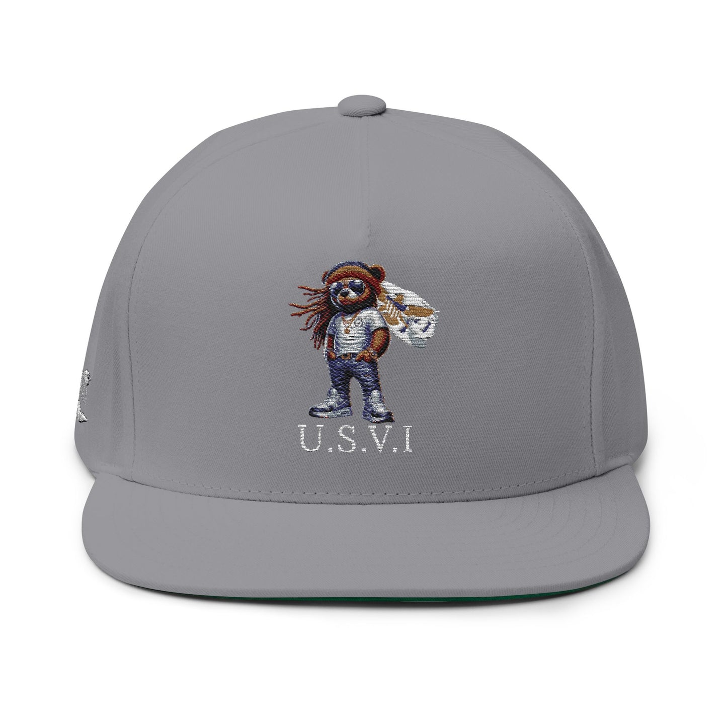 Embroidered Flat Bill Cap with VI Bear Design