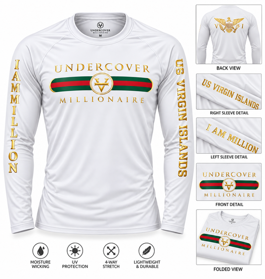 Undercover Millionaire US Virgin Islands Performance Rash Guard – White & Gold
