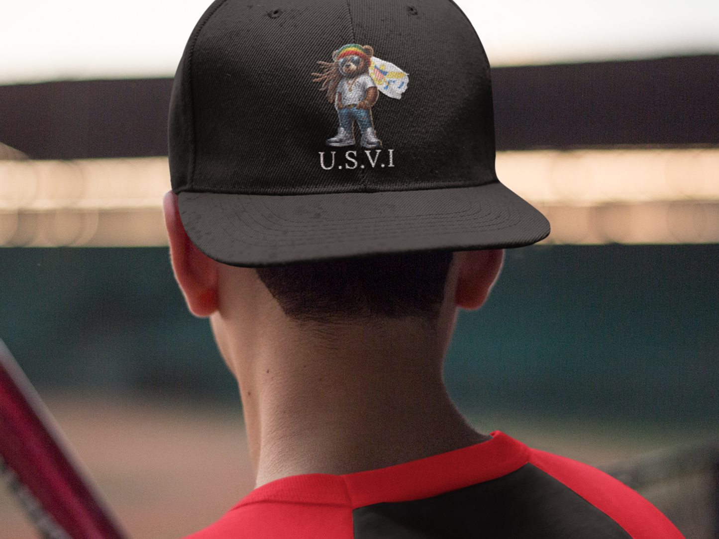 Embroidered Flat Bill Cap with VI Bear Design
